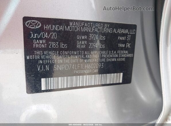 5NPD74LF1LH602093 2020 HYUNDAI ELANTRA Silver Вид підкапотного простору