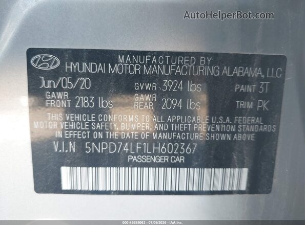 5NPD74LF1LH602367 2020 HYUNDAI ELANTRA Beige Вид підкапотного простору