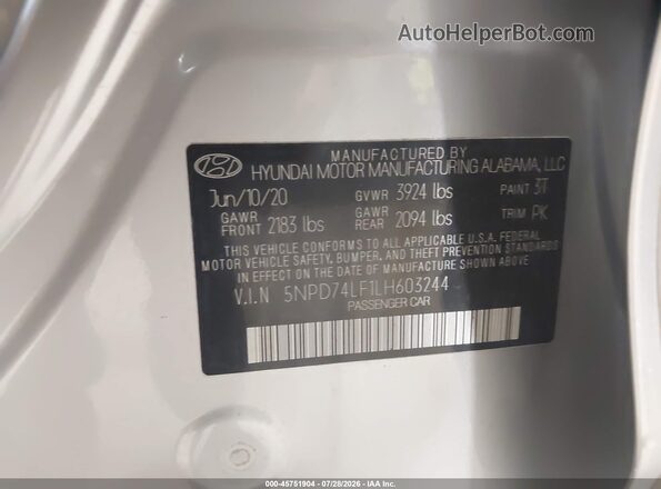 5NPD74LF1LH603244 2020 HYUNDAI ELANTRA Silver Շարժիչի բաժամունքի տեսք