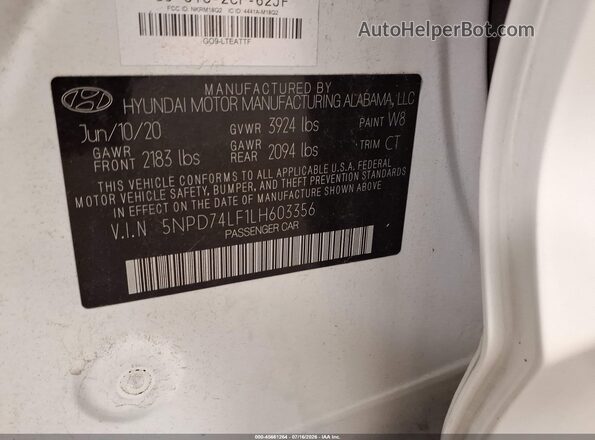 5NPD74LF1LH603356 2020 HYUNDAI ELANTRA Белый Вид подкапотного пространства