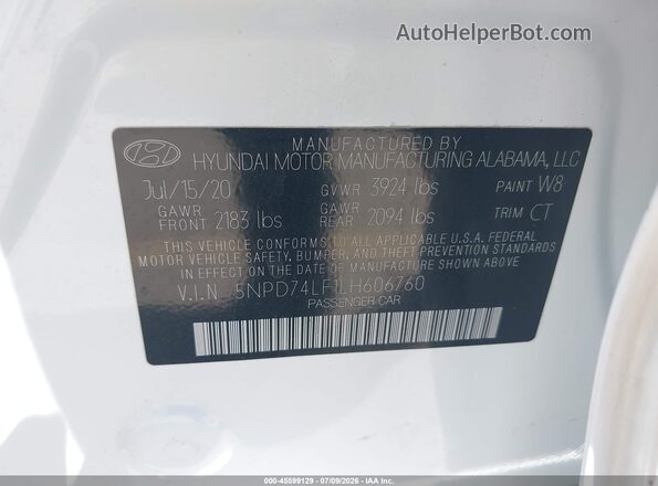 5NPD74LF1LH606760 2020 HYUNDAI ELANTRA White Vista del compartimento del motor