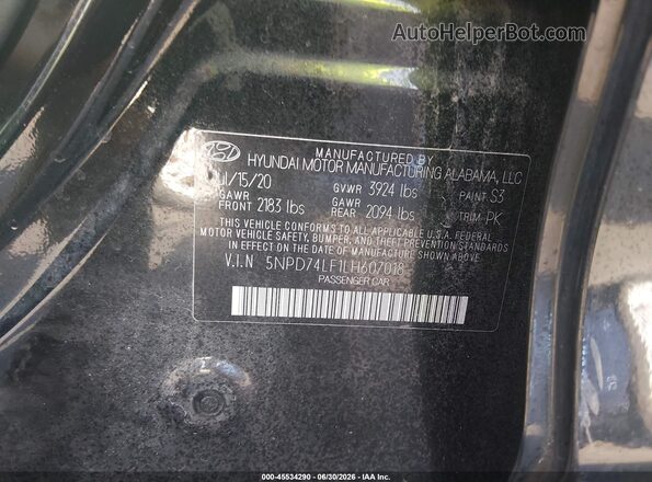 5NPD74LF1LH607018 2020 HYUNDAI ELANTRA Black Vista del compartimento del motor
