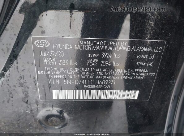 5NPD74LF1LH609271 2020 HYUNDAI ELANTRA Черный Вид подкапотного пространства