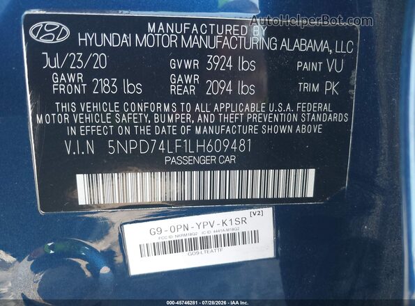 5NPD74LF1LH609481 2020 HYUNDAI ELANTRA Blue Вид підкапотного простору