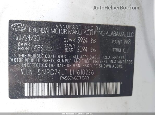 5NPD74LF1LH610226 2020 HYUNDAI ELANTRA White Շարժիչի բաժամունքի տեսք