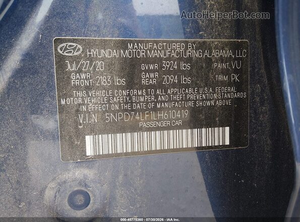 5NPD74LF1LH610419 2020 HYUNDAI ELANTRA Blue Вид підкапотного простору