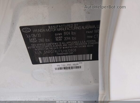 5NPD74LF1LH610808 2020 HYUNDAI ELANTRA White Widok komory silnika