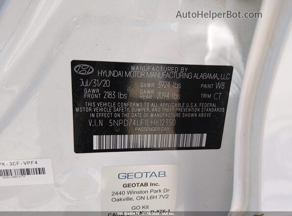 5NPD74LF1LH612350 2020 HYUNDAI ELANTRA White ძრავის განყოფილების ხედი