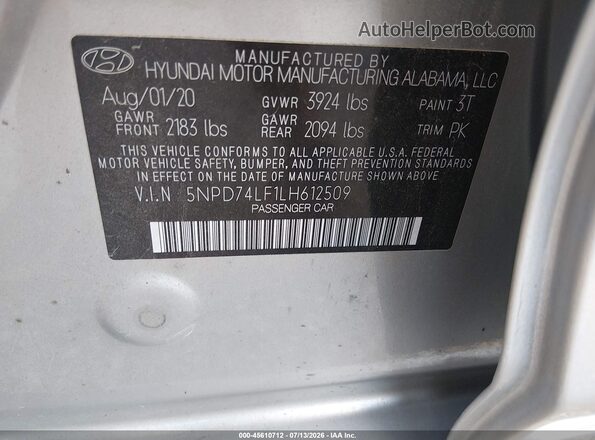 5NPD74LF1LH612509 2020 HYUNDAI ELANTRA Silver Vista del compartimento del motor
