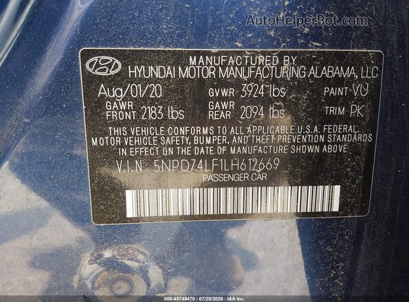 5NPD74LF1LH612669 2020 HYUNDAI ELANTRA Синий Вид подкапотного пространства