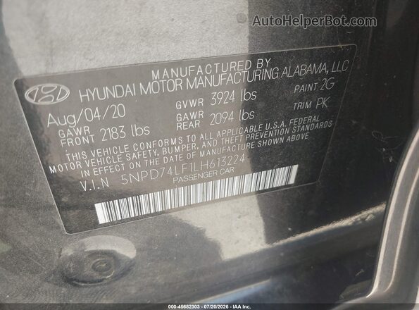 5NPD74LF1LH613224 2020 HYUNDAI ELANTRA Gray Engine compartment view