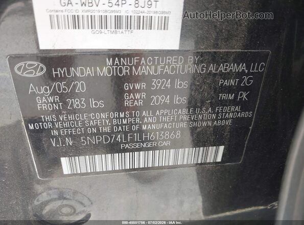 5NPD74LF1LH613868 2020 HYUNDAI ELANTRA Gray ძრავის განყოფილების ხედი