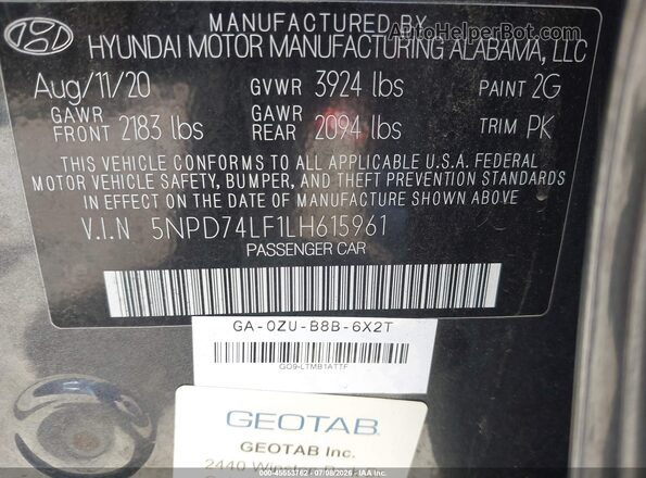 5NPD74LF1LH615961 2020 HYUNDAI ELANTRA Gray Vista del compartimento del motor