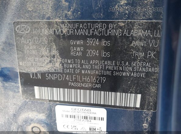 5NPD74LF1LH616219 2020 HYUNDAI ELANTRA Blue ძრავის განყოფილების ხედი