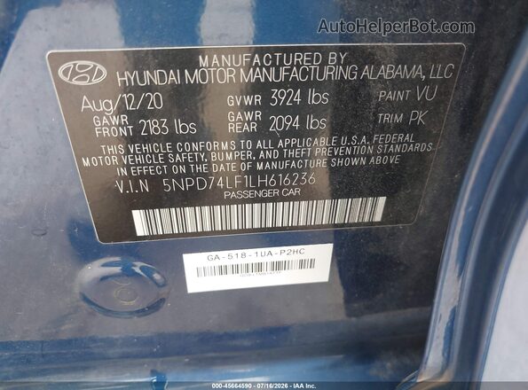 5NPD74LF1LH616236 2020 HYUNDAI ELANTRA Blue Widok komory silnika