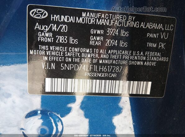 5NPD74LF1LH617287 2020 HYUNDAI ELANTRA Blue ძრავის განყოფილების ხედი
