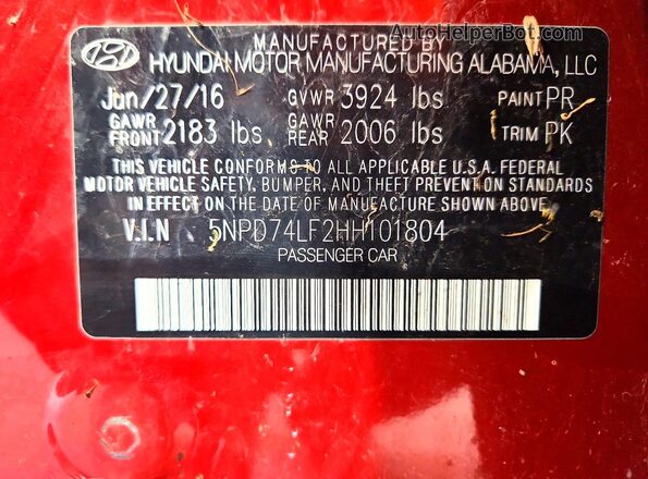 5NPD74LF2HH101804 2017 HYUNDAI ELANTRA Red VIN կոդի պիտակի տեսք