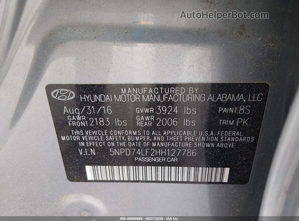 5NPD74LF2HH127786 2017 HYUNDAI ELANTRA Серый Вид подкапотного пространства