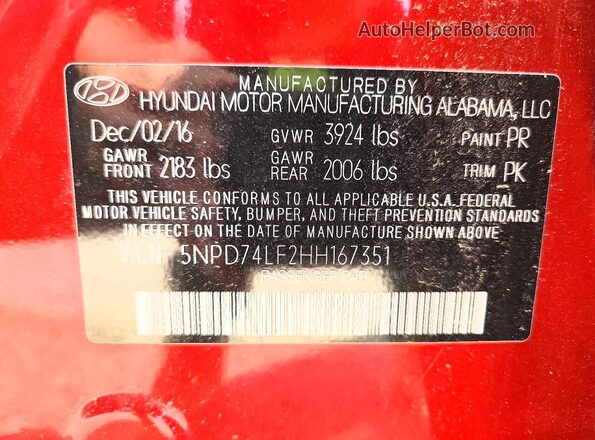 5NPD74LF2HH167351 2017 HYUNDAI ELANTRA Red Engine compartment view