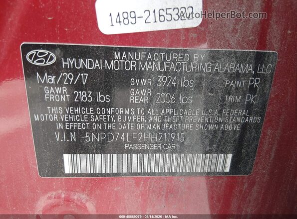 5NPD74LF2HH211915 2017 HYUNDAI ELANTRA Red Вид підкапотного простору