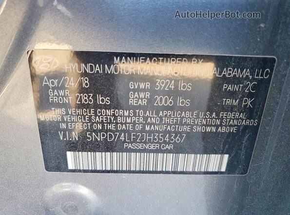 5NPD74LF2JH354367 2018 HYUNDAI ELANTRA Gray Vista del compartimento del motor