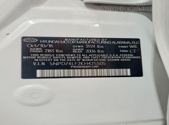 5NPD74LF2KH425505 2019 HYUNDAI ELANTRA White Vista del compartimento del motor