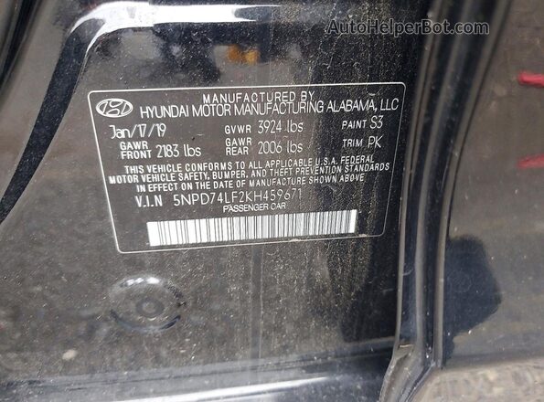 5NPD74LF2KH459671 2019 HYUNDAI ELANTRA Black ძრავის განყოფილების ხედი