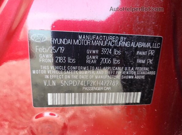 5NPD74LF2KH472789 2019 HYUNDAI ELANTRA Red ძრავის განყოფილების ხედი