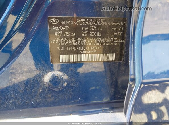 5NPD74LF2KH487440 2019 HYUNDAI ELANTRA Blue Շարժիչի բաժամունքի տեսք