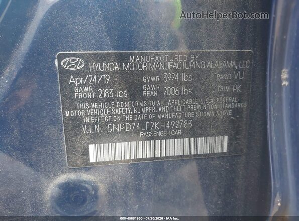 5NPD74LF2KH492783 2019 HYUNDAI ELANTRA Blue Vista del compartimento del motor
