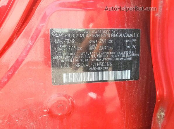 5NPD74LF2LH505176 2020 HYUNDAI ELANTRA Red VIN sticker view