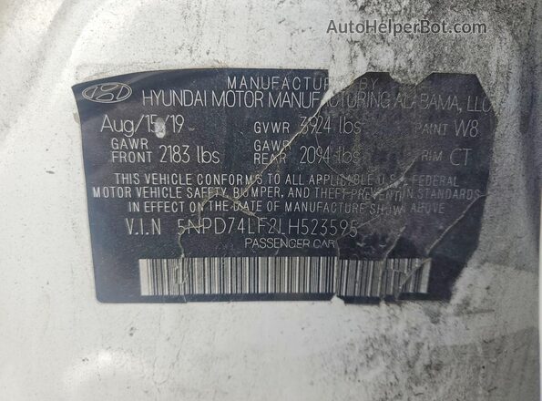 5NPD74LF2LH523595 2020 HYUNDAI ELANTRA White VIN კოდის სტიკერის ხედი