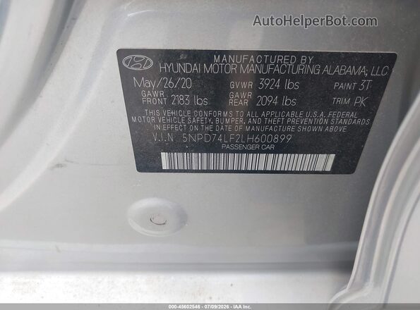 5NPD74LF2LH600899 2020 HYUNDAI ELANTRA Silver Trasero derecho