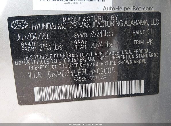 5NPD74LF2LH602085 2020 HYUNDAI ELANTRA Silver Շարժիչի բաժամունքի տեսք