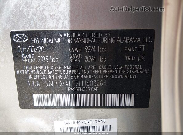 5NPD74LF2LH603284 2020 HYUNDAI ELANTRA Silver ძრავის განყოფილების ხედი
