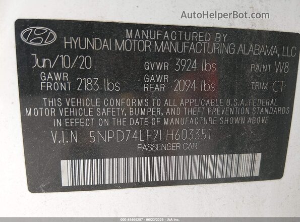 5NPD74LF2LH603351 2020 HYUNDAI ELANTRA White Вид підкапотного простору