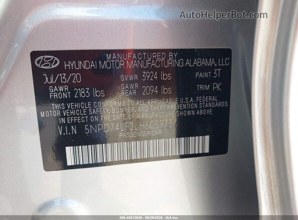 5NPD74LF2LH605973 2020 HYUNDAI ELANTRA Silver ძრავის განყოფილების ხედი