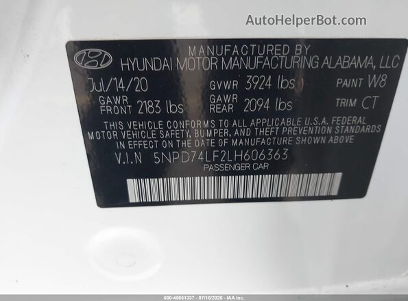 5NPD74LF2LH606363 2020 HYUNDAI ELANTRA White Widok komory silnika