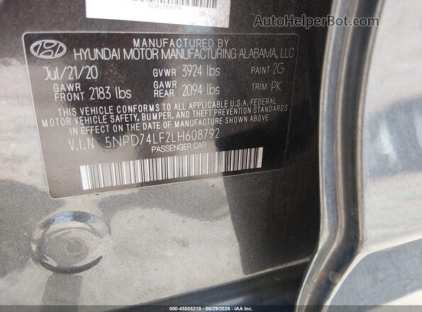 5NPD74LF2LH608792 2020 HYUNDAI ELANTRA Gray ძრავის განყოფილების ხედი