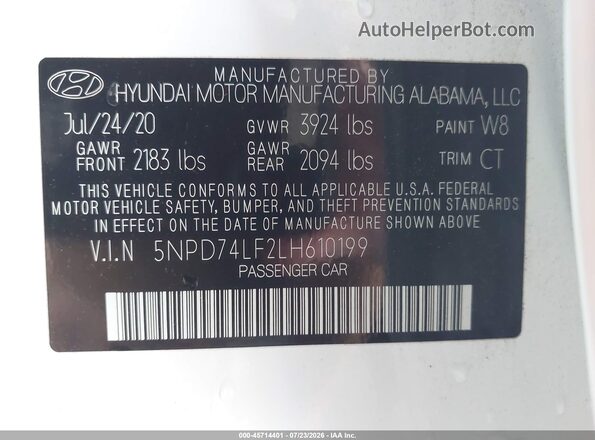 5NPD74LF2LH610199 2020 HYUNDAI ELANTRA White Vista del compartimento del motor