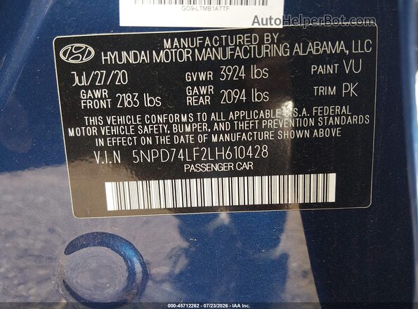 5NPD74LF2LH610428 2020 HYUNDAI ELANTRA Blue Engine compartment view