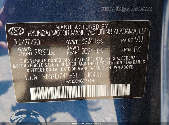 5NPD74LF2LH610431 2020 HYUNDAI ELANTRA Blue Вид підкапотного простору