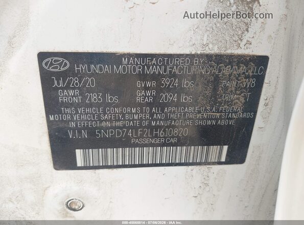 5NPD74LF2LH610820 2020 HYUNDAI ELANTRA White ძრავის განყოფილების ხედი