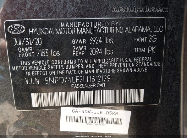 5NPD74LF2LH612129 2020 HYUNDAI ELANTRA Gray ძრავის განყოფილების ხედი