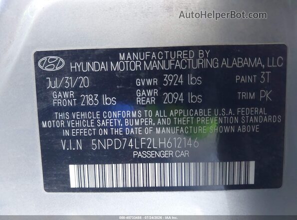 5NPD74LF2LH612146 2020 HYUNDAI ELANTRA Silver ძრავის განყოფილების ხედი