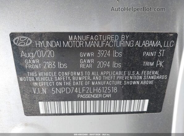 5NPD74LF2LH612518 2020 HYUNDAI ELANTRA Silver Вид підкапотного простору