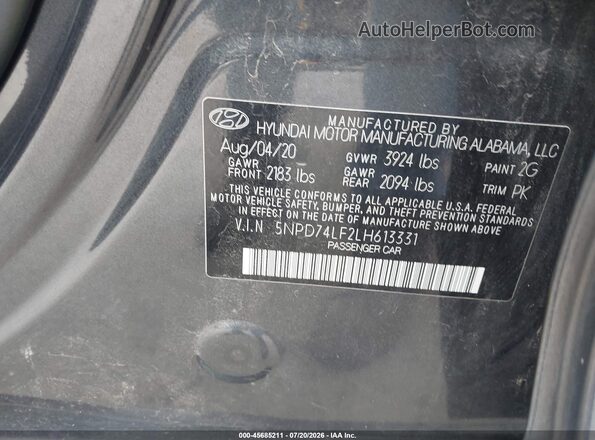 5NPD74LF2LH613331 2020 HYUNDAI ELANTRA Gray Շարժիչի բաժամունքի տեսք