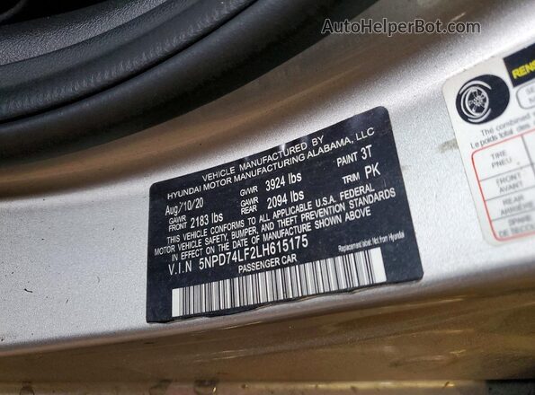 5NPD74LF2LH615175 2020 HYUNDAI ELANTRA Silver Widok komory silnika