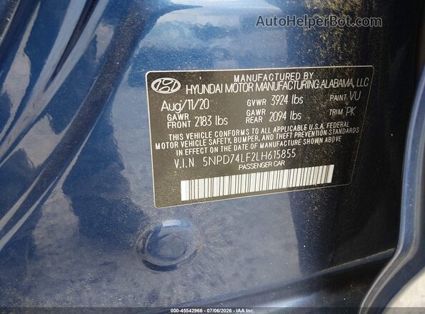 5NPD74LF2LH615855 2020 HYUNDAI ELANTRA Blue Շարժիչի բաժամունքի տեսք