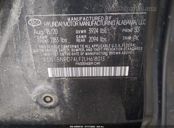 5NPD74LF2LH618013 2020 HYUNDAI ELANTRA Black Շարժիչի բաժամունքի տեսք
